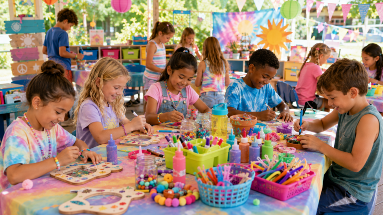 Kids gathered around table doing craft activity