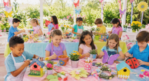 Kids crafting together at colorful outdoor party table