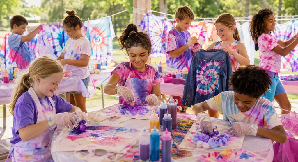 Girl showing off tie-dye shirt at outdoor party