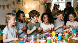 Kids laughing together at Valentine's Day themed party