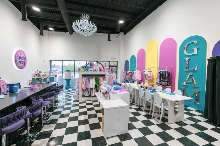Bright interior of retail shop with colorful display shelving