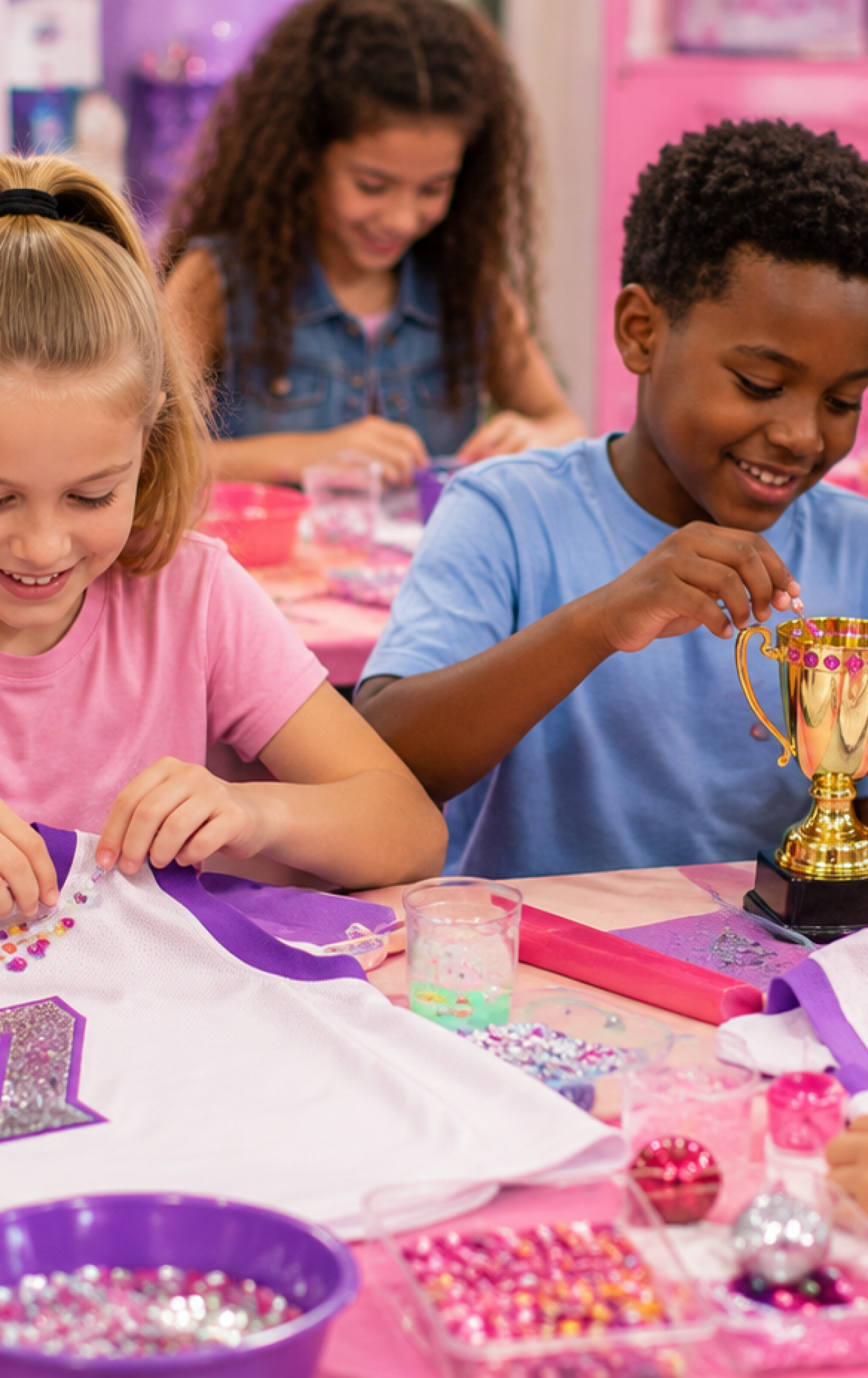 Girl and boy examining trophy at party event