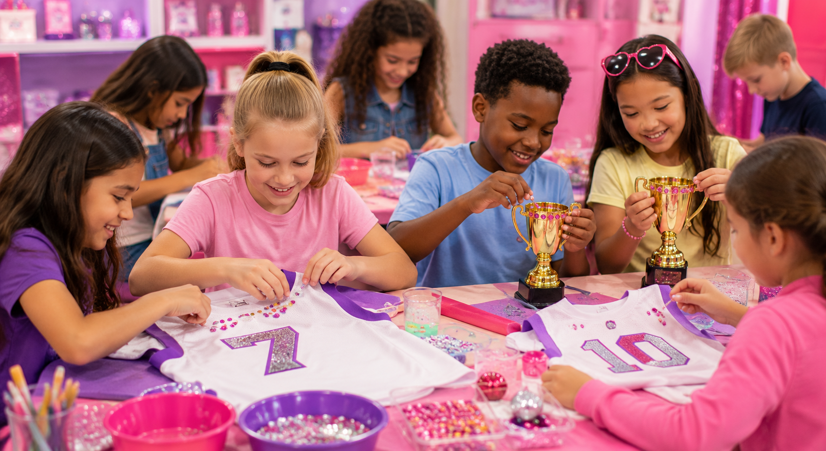 Girl and boy examining trophy at party event