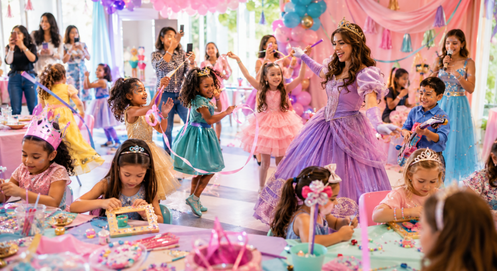 Children in colorful princess costumes dancing outdoors